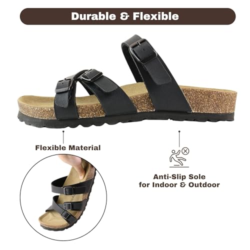Image of Women Cork Footbed Sandal Unisex, Comfortable Vegan Leather Slip On Summer Beach Sandal with Adjustable Buckle Strap, Casual Open Toe - Wide Fit