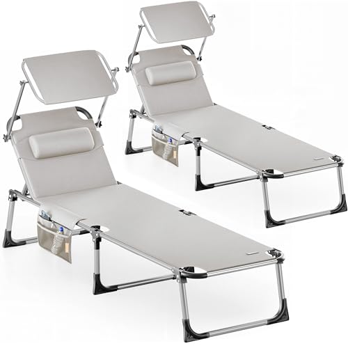 CASARIA® Set 2X Tumbonas Playa Plegable 180Kg Silla Jardín Reclinable Exterior Toldo Reposacabeza 210x61cm Bolsillo Piscina Camping Terraza Crema