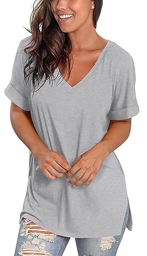 Image of Sampeel Women's V Neck T Shirts Casual Rolled Short Sleeve Side Split Summer Tops Loose Fit