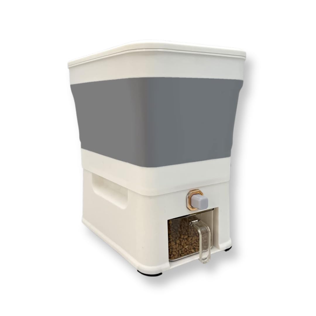 Collapsible Dog Food Storage Container, 25lbs Airtight Pet Food Dispenser, Moisture-Proof Cat Food Container with Automatic Button, Folding Plastic Grain Barrel for Small Pellet Dog Food, Cat Food