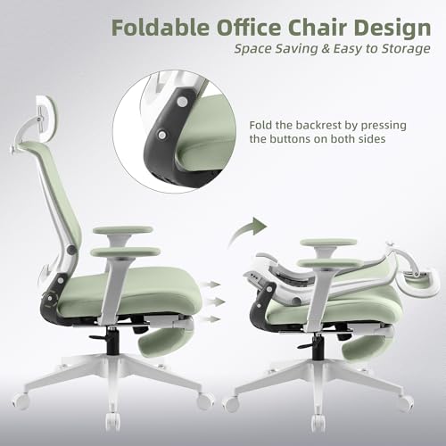 Foldable Office Chair with Foot Rest, Ergonomic Office Chair with Adjustable Lumbar Support, Headrest, Armrest, Home Office Desk Chair for Space Saving, Work from Home, Green - Image 5