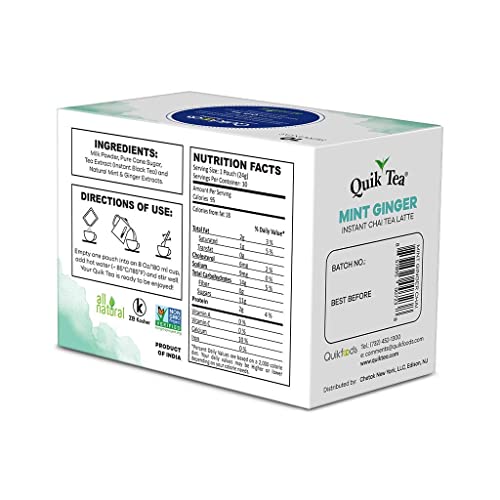 Quiktea Mint (Pudina) Ginger Chai Tea Latte - 10 Count Single Box - All Natural & Preservative Free Authentic Instant Chai Tea - Just Add Hot Water! (Regular) #TOP5