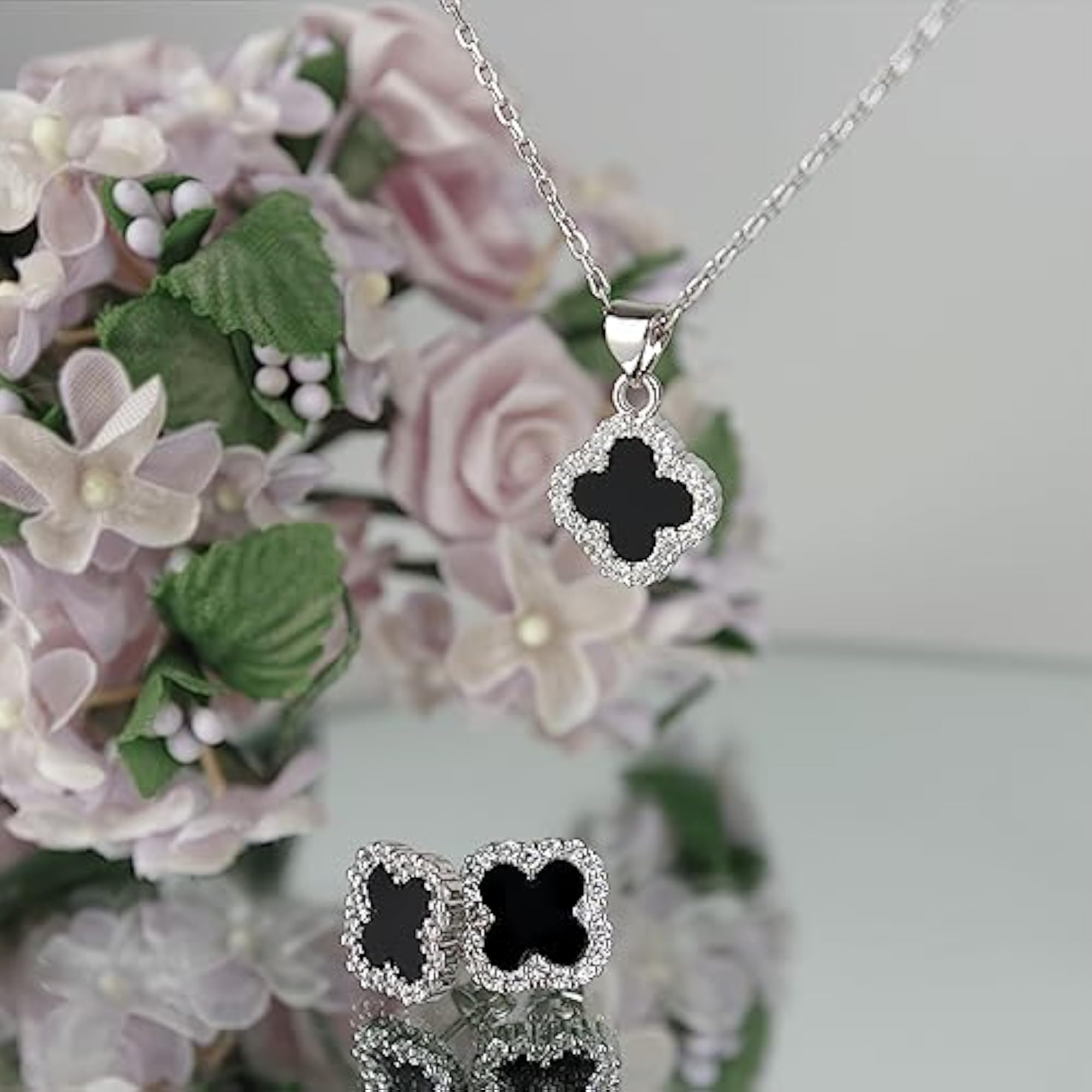 Women's Four Leaf Black Clover Necklace & Earring Set