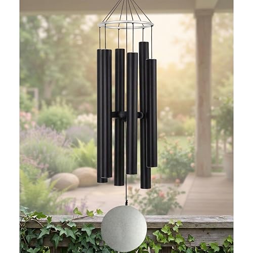 Image of Amazon Basics Decorative Wind Chimes for Balcony, Home & Garden | Pleasant Sound | Handcrafted | Metal Chime for Home Decor & Gifting | Color: Black | Material: Aluminum | Size: 80L x 12W x 12H cms