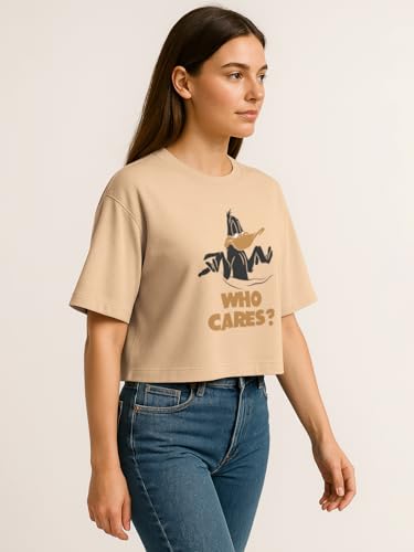 Image of HELLCAT Beige Printed Loose Fit Crew-Neck Crop T-Shirt for Women