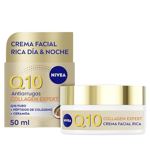 NIVEA Q10 Antiarrugas Collagen Expert   Crema Facial Rica Día y Noche   Mejora la Flacidez en 7 Días   Q10, Péptidos de Colágeno y Ceramida   Arrugas Profundas   Piel Muy Seca y Flácida   50 ml