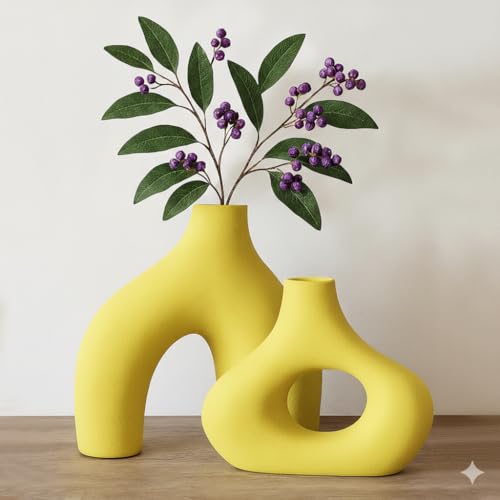 Image of PUREZENTO Abstract Yellow Ceramic Donut Vase 5.4 & 7.7 Inch - Set of 2 | Decorative Unique Modern Vase for Dried Flowers & Pampas Grass | Vases for Modern Home Decor, Living Room, Office Decor Ideas