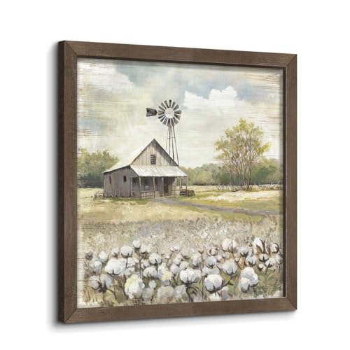 old barn Farmhouse Wooden Framed Wall Art: Rustic Picture Farm Windmill Painting Country Flower Field Meadow Prints Rural Scene Artwork for Bedroom Bathroom Living Room
