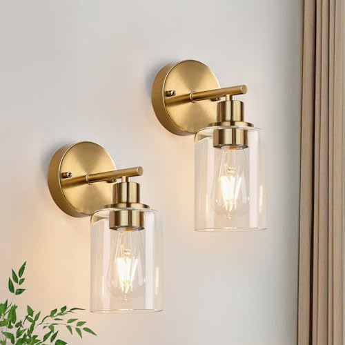 Image of Zarbitta Set of 2 Wall Sconces for Bathroom, Brushed Gold Modern Vanity Lights with Clear Glass Shade,Bathroom Wall Lamp for Mirror Kitchen Living Room Hallway Cabinet Porch