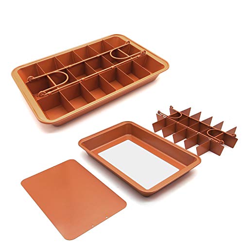 Brooklyn Brownie Copper by Gotham - Sartén antiadherente de acero con rebanadora integrada, 18 bandejas para hornear para brownies, utensilios de metal y apto para lavaplatos, para hornear en el horno