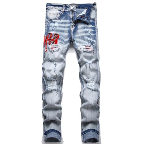 SABATUTU Men's Slim Fit Skinny Stretch Ripped Jeans,Distressed Straight Leg Fashion High Flex Waist Trousers (US, Waist, 34, Regular, A3Blue)