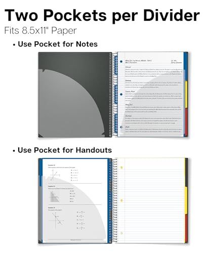 Image of Dunwell 3-Subject Notebook College Ruled 8.5 x 11 (Black), 150 Sheets (300 Pages), Spiral Notebook 8.5x11 with Tabs, Movable Dividers, Storage Pockets, Protective Plastic Covers