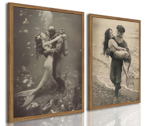 Vintage Mermaid Wall Art Set of 2, Black and White