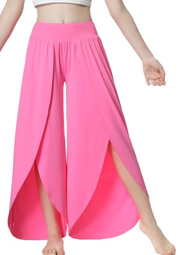 Image of EXARUS Girls Flowy Pants Dance Palazzo Wide Leg Teen Casual Baggy | Tween Split Loose Trousers Elastic High Waisted Vacation Beach Bottoms Youth Front Slit Junior Kids Size 6-12Y