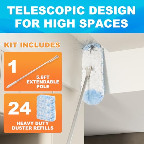 Image of JOYMOOP 6 ft Extendable Duster Handle with 24 Heavy Refills, Compatible with Swiffer Duster Refills, Disposable Microfiber Dusting Pads for Home Cleaning, Ceiling, Fan, Window, Hard-to-Reach Areas