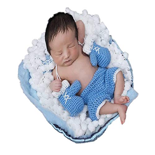 Bebé conjunto de guantes de boxeo de ganchillo hecho a mano de punto recién nacido Fotografía Prop Pantalones Trajes (Color : Sky-blue, Size : 0-3M)