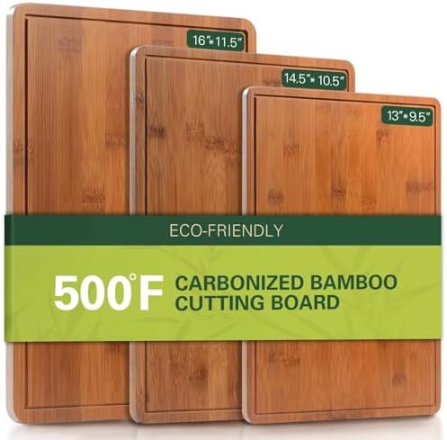 Carbonized Bamboo Cutting Boards for Kitchen, XL Durable Wood Cutting Board with Juice Grooves and Handles, Set of 3 Solid Charcuterie Board for Meal Prep & Serving (13x9.5, 14.5x10.5, 16x11.5)