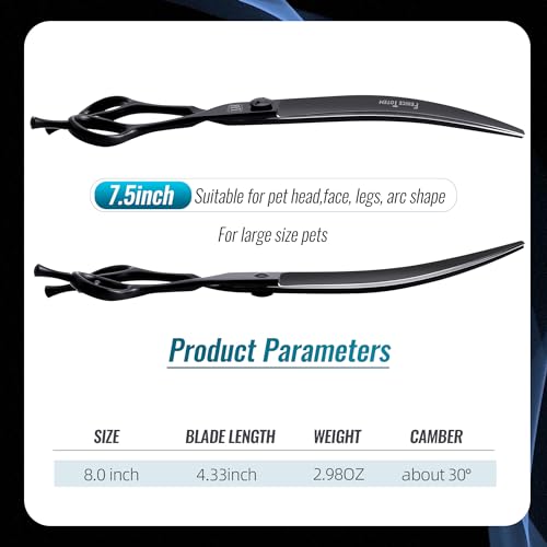 Dog Grooming Scissors: 8″ Curved Pet Shears Made Of Japanese 440C for Trimming Dogs Cats and Other Pets Face and Paws Black Dog Grooming Scissors: 8″ Curved Pet Shears Made Of Japanese 440C for Trimming Dogs Cats and Other Pets Face and Paws Black