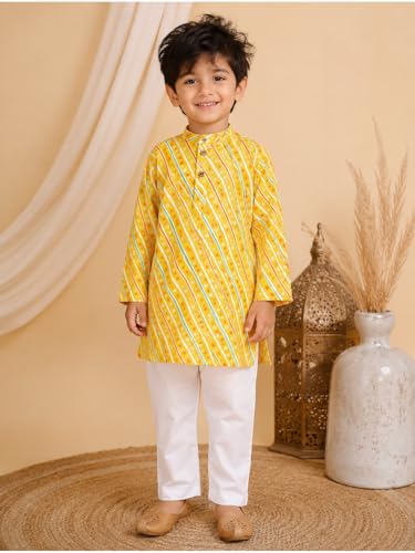 Image of superminis Cotton Boys Sanganeri Lehariya Printed Kurta Set with White Pyjama Elastic Closure