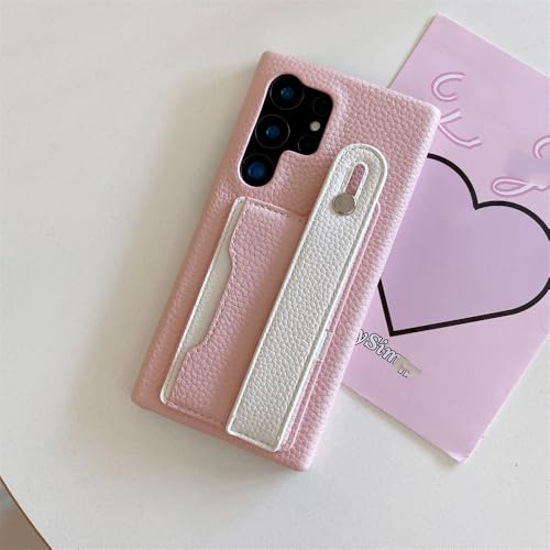 Coque portefeuille en cuir fin rose et dragonne pour Samsung Galaxy S24 Ultra