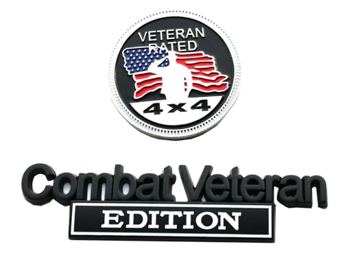 Image of 1x Combat Veteran Edition Emblem + 1x Veteran Rated 4X4 Emblem Metal Car Badge for Jeep, Universal Vehicle, Truck, RV, Scooter, SUV, Door Decoration (Black /White)