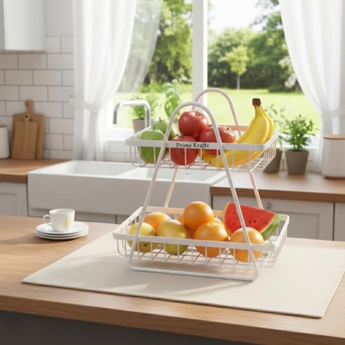 Image of 2 Tier Metal Fruit and Vegetables Basket with Handle | Fruit Vegetables Snacks and Bread Organizer for Kitchen, Dining Table, Livingroom | Bathroom Countertop Stand (Design 1 - White)