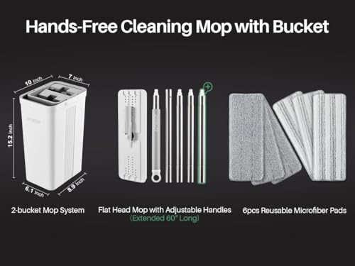 Image of JOYMOOP Mop and Bucket Set, Commercial & Household Use, Flat Mops for Floor Cleaning, Wall Mop Cleaner with Long Handle, Hardwood Floor Mop with 6 Microfiber Pads