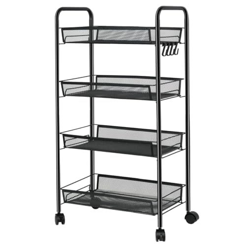 RANSENERS Küchenwagen, Rollregal mit 4 Ebenen 45x26x84cm, Rollen mit Bremse, Mesh Metallkörbe, Lagerregal auf Rädern, schwarz.