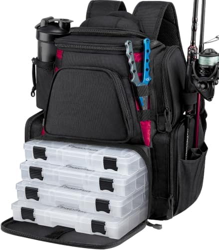 Piscifun Fishing Tackle Backpack with 2 Rod Holders, 4 Boxes & Ra...