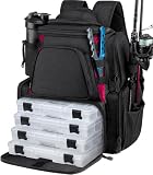 Piscifun Fishing Backpack with 2 Rod Holders & 4 Tackle Boxes, Large Tackle Storage Bag With Rain Cover for Fishing Gear, Black
