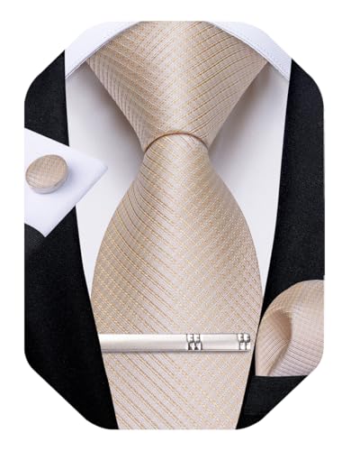 Image of DiBanGu Plaid Ties for Men Silk Checkered Necktie and Pocket Square Cufflinks Tie Clip Set with Gift Box for Wedding Business