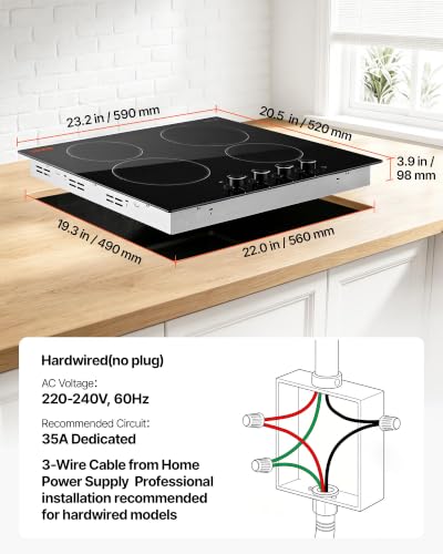 Image of VEVOR Electric Cooktop 24inch 4 Burners Stove Top 6000W 220V No Plug, Ceramic Built-in Radiant Electric Stove, with 11 Power Levels, Over-Heat Guard, Knob Control, for Diverse Cooking Requirements