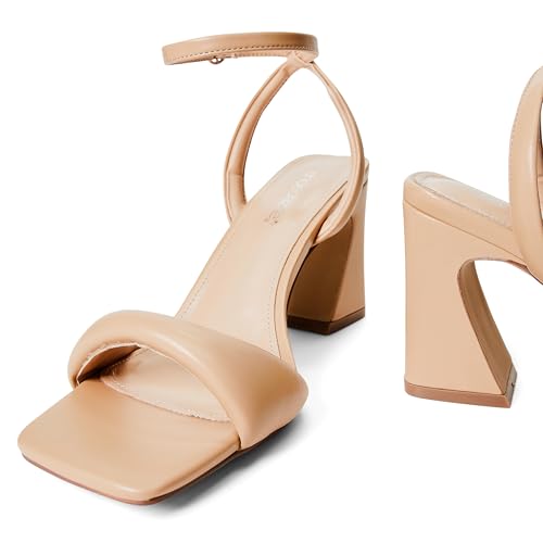 JustFab Womens High Heel Sandals Dressy Camel Womens Chunk Heel Sandals Open Toe Block Heel Women's Summer Shoes Lorelai Caged4