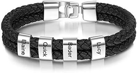 LanM Personalized Men Black Braid Bracelet Custom Bracelet for Men with Small Custom Beads Men's ID Bracelet Mother Day Gift (Silver, 4 beads)