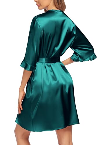 Image of Ekouaer Women's Satin Robe Valentines Lingerie for Women Kimono Bathrobe Short Ruffle Belted Robes Bridesmaids Sleepwear