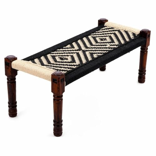 Image of Handwoven Wooden Bench | Traditional Rope Charpai Stool | Solid Wood Frame Seating for Living Room, Balcony & Outdoor | Durable & Stylish Design (Black and White)