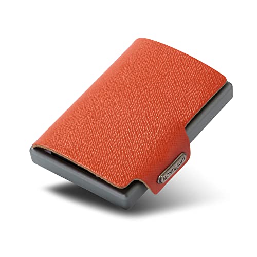 Saffiano Wallet | RFID protection integrated into the note clip Stop and Go | Aluminum shell | Leather Miniwallet, Saffiano (ORANGE). Made in Italy.3