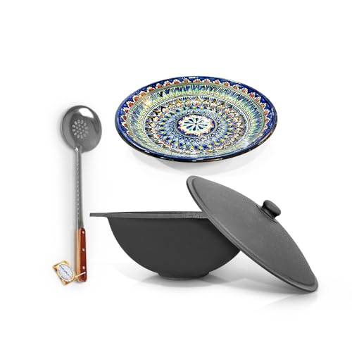 ZARENHOFF Kazan - Olla de hierro fundido uzbeko Kazan con base plana, tapa, cuchara de madera, espumadera, cucharón, espátula, espátula de madera y Lagan Ø 34 cm – Exterior y cocina