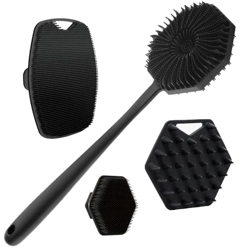 4 Piece Silicone Body Brush Set Shower Exfoliation Kit with Extended Handle Back Scrubber Shampoo Scalp Massage Brush & Face Cleansing Tool for Daily Bath Care (black)