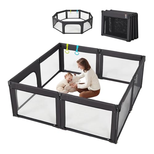 Image of Foldable Baby Playpen, Shape & Size Adjustable Playpen for Toddler, 79x71 Large Play Pens Safety Mesh Foldable Playard for Babies, Portable Baby Fence Play Area Kids Play Pen, Black