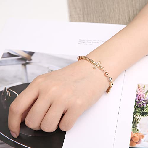 HZMAN Pulseira de cruz com contas de rosário Virgem Maria Virgem de Guadalupe Pulseira de elos ajust