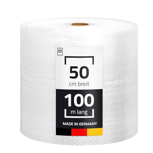 LOGIC PACK Luftpolsterfolie Rolle 100m x 50cm, 50my 2-lagig - Bubble Wrap Verpackungsmaterial für Umzug, Versand, Verpackung, Premium Starke Noppenfolie Polstermaterial 100% recycelbar LPF Rolle