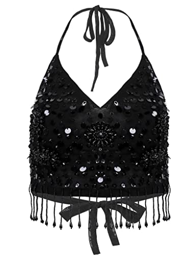 Mufeng Danse Orientale Femme Haut Halter Brassière Dos Nu Soutien Gorge Rembourré Danse Orientale Femme Tenue Danse du Ventre Paillettes Brillant Femme Taille Unique Noir Taille Unique Cover