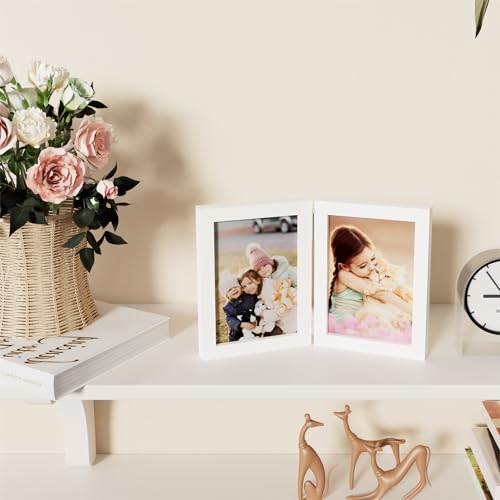 decorUhome Double 5x7 Picture Frame Vertical, Engineered Wood Bifold Photo Frame with Plexiglass for Tabletop Display, 5x7, White