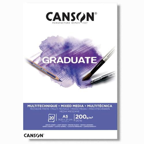 CANSON Graduate - C400110376 Mix Media Papier Block, DIN A5, 20 Blatt, 200 g/m²