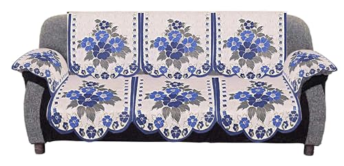 Image of Kuber Industries Cotton 5 Seater Sofa Cover with 6 Arm Cover|Sofa Cover 3 Seater and 2 Seater|Flower Design & Machine Washable (Cream & Blue)