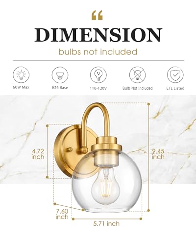Image of Brushed Gold Wall Sconces Set of 2 with Globe Clear Glass Shade | Modern design, hardwired, E26 socket, suited for bathroom mirror side, bedside, hallway, or entryway, AD-22280-1W2-GD