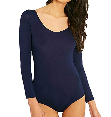 TrendyFashion Body extensible à manches longues pour femme - Justaucorps uni pour femme, bleu marine, 8-10
