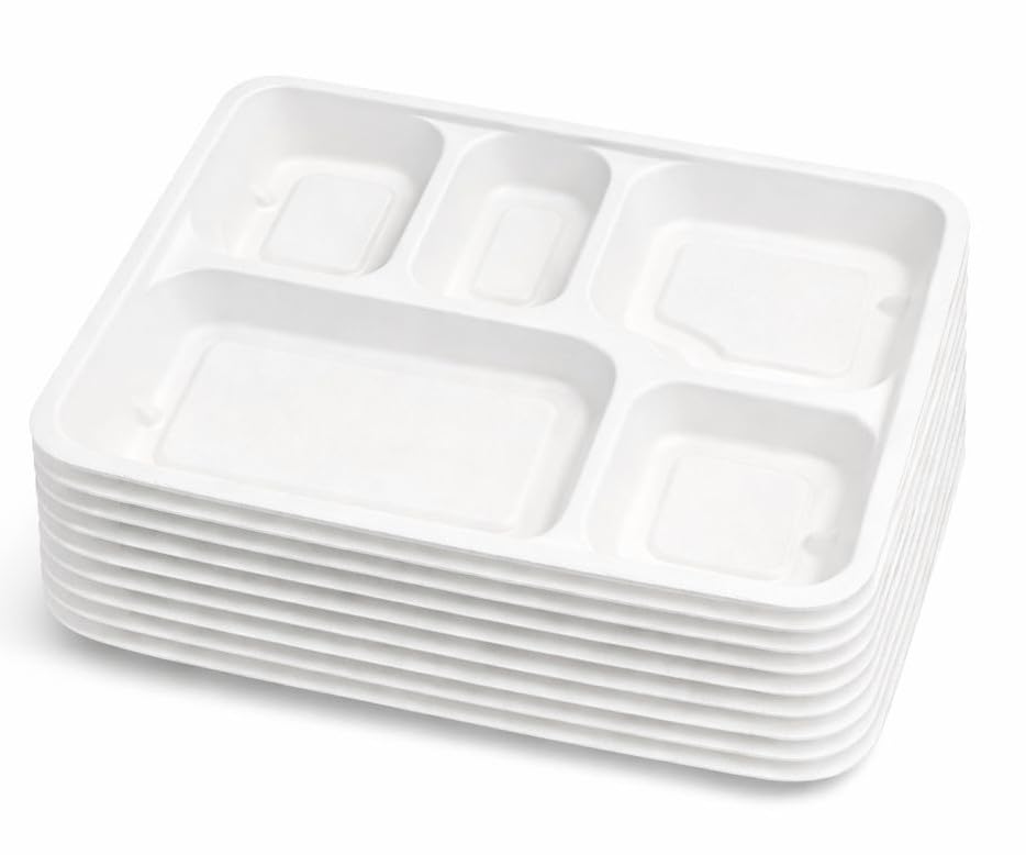 1ABOVE 5-Compartment Bagasse Food Trays – 25 Pack | Disposable Sugarcane Fibre Dinner Plates | 100% Biodegradable & Compostable, Eco-Friendly
