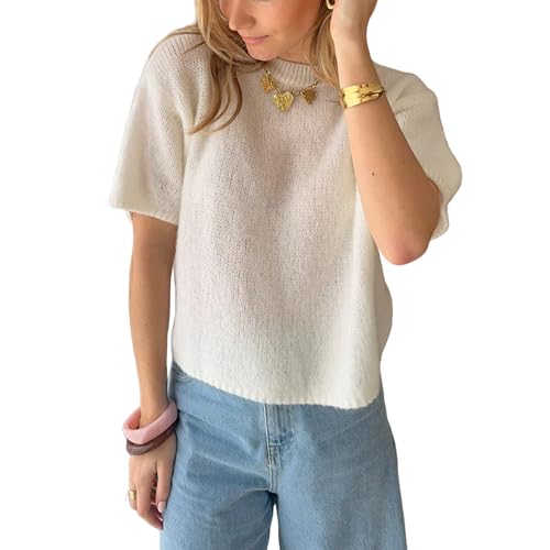 Women Y2K Short Sleeve Sweaters Summer Lightweight Crew Neck Knit Pullover Tops 2025 Spring Trendy Cropped Sweaters